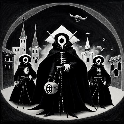 Surreal Plague Doctors in Medieval City