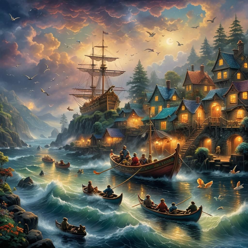 Stormy Seas: Animals in a Colorful Rowing Boat