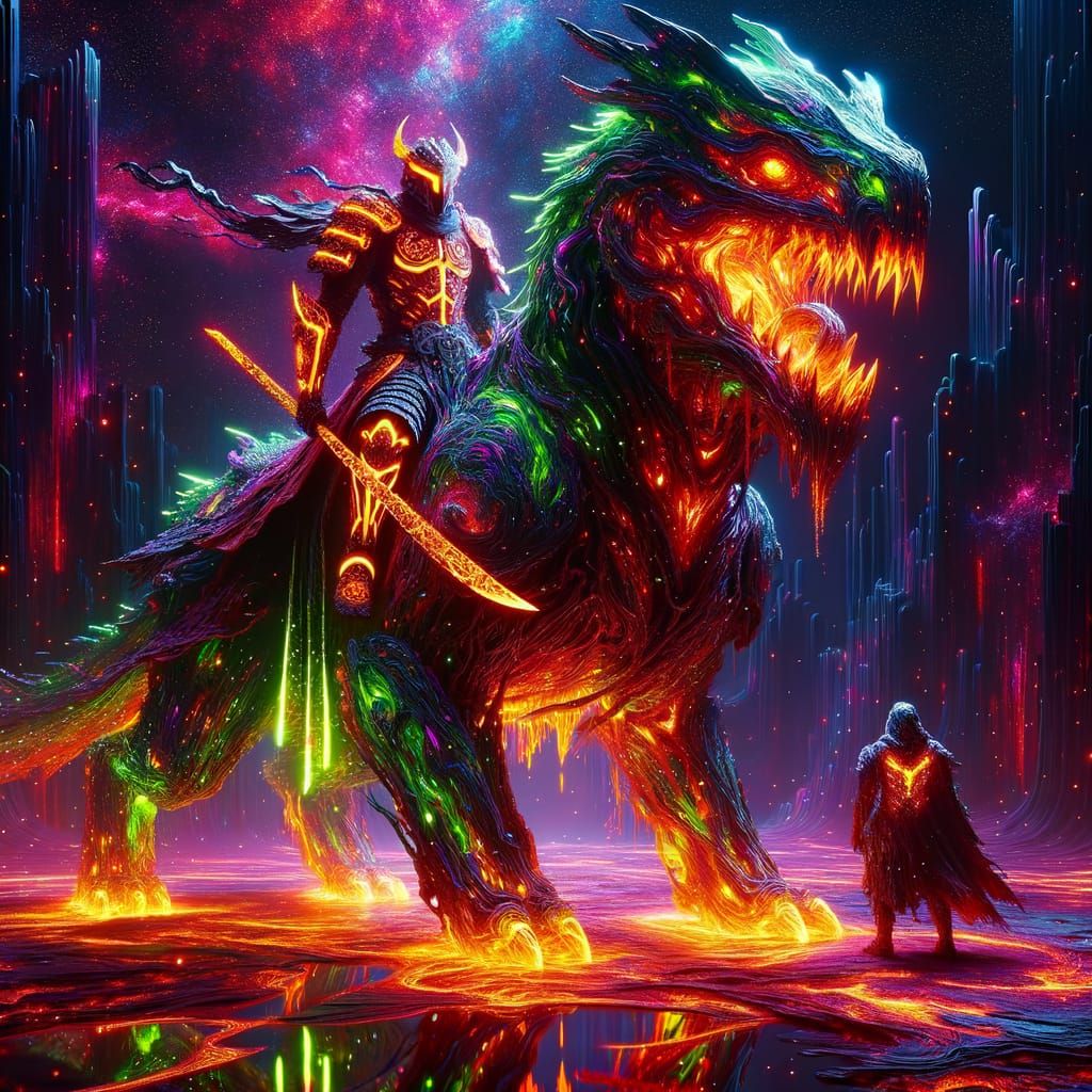 Neon Multidimensional Warrior on Metal Beast