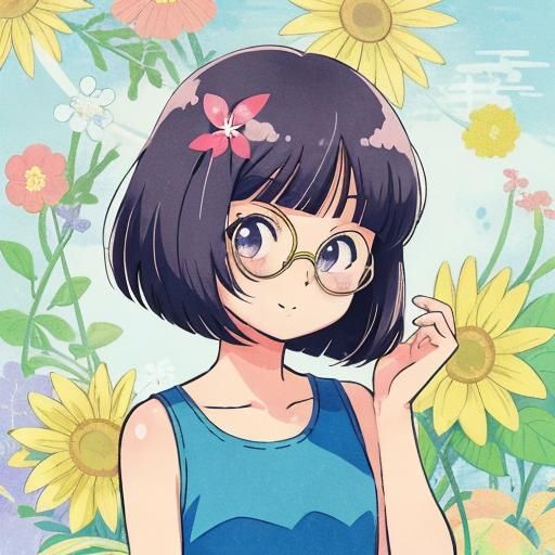 Cheeky Woman in 80s Anime Style With Flowers