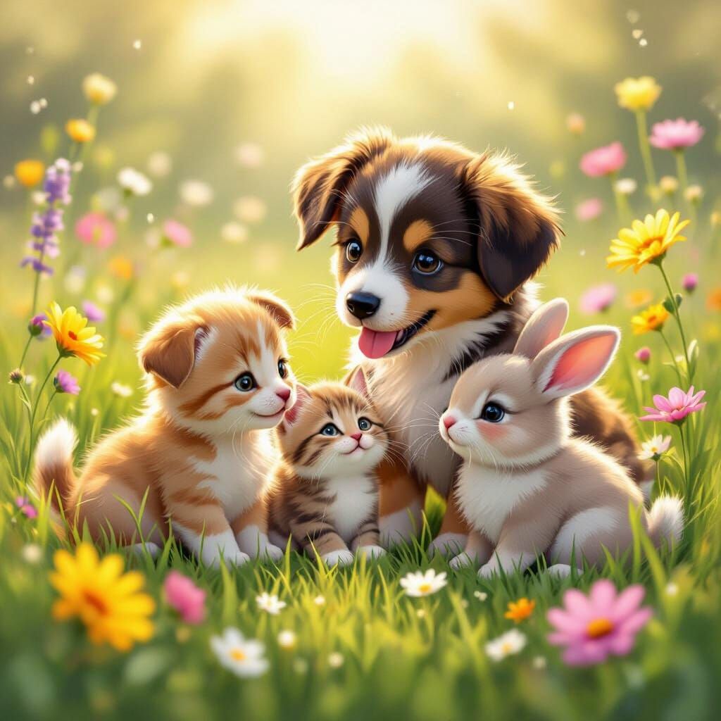 Charming Baby Animals in Sunlit Meadow