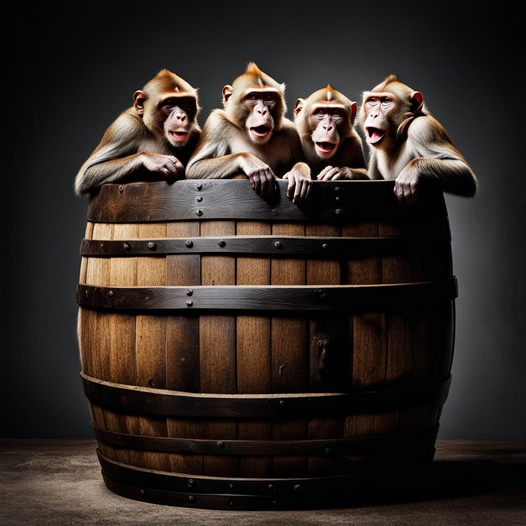 Bored Macaque Monkeys in a Barrel, Photorealistic Art