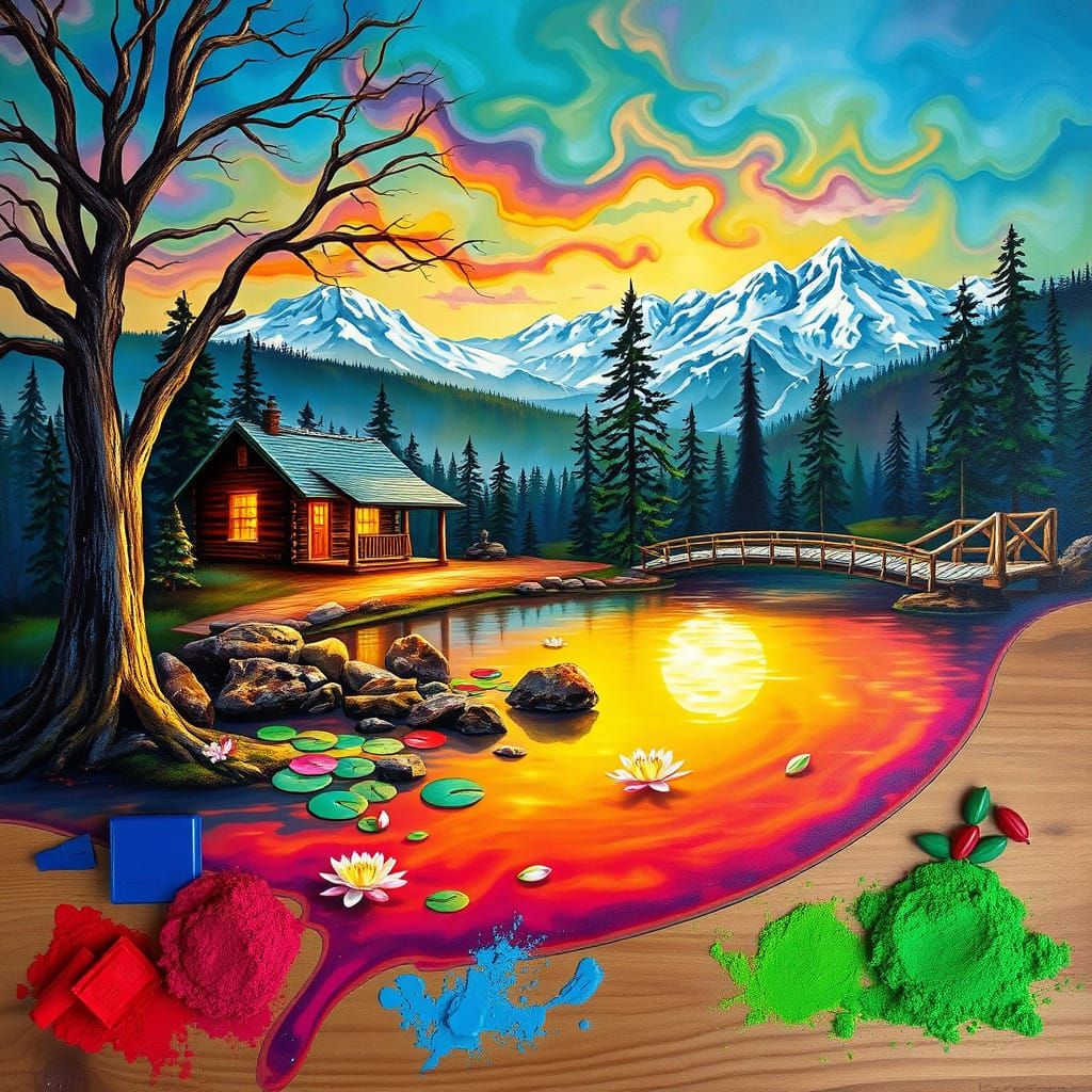 Vibrant Surreal Dreamscape Unfolds on Wooden Palette