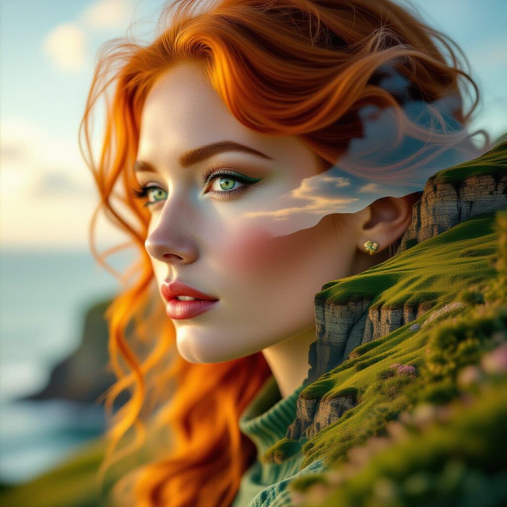 Ethereal Irish Woman Cliffside Double Exposure