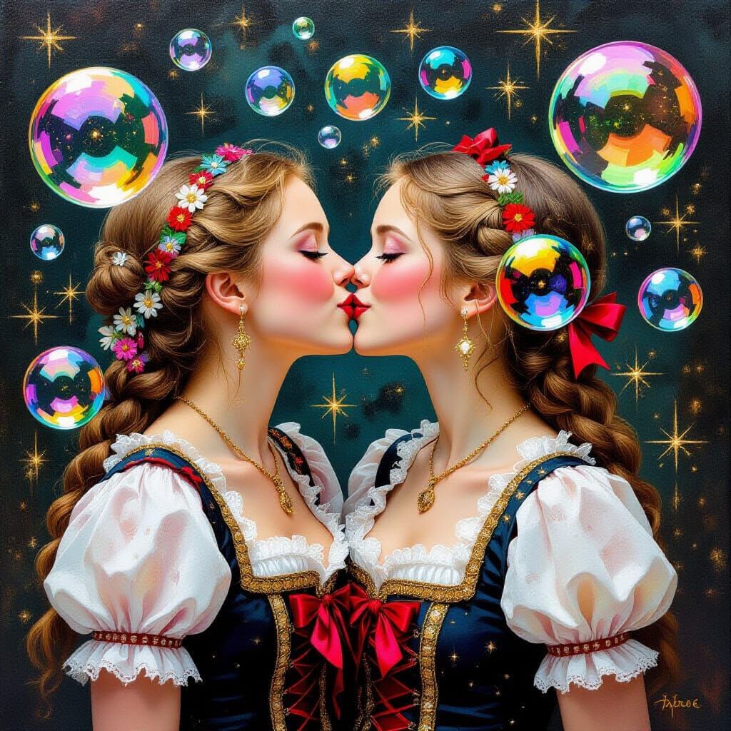 Bravian Girls Kissing with Bubbles in Renaissance Style