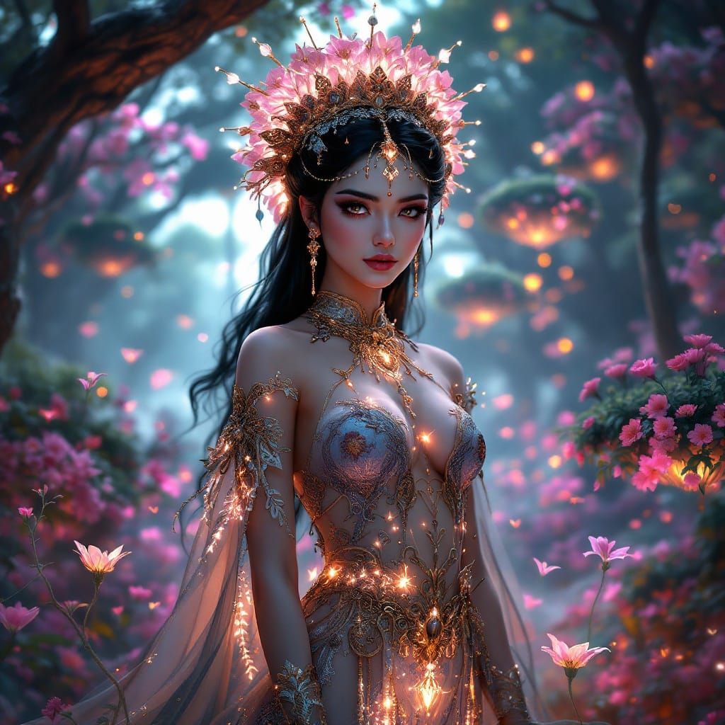 Majestic Inanna in Anime-Style Garden of Wonders