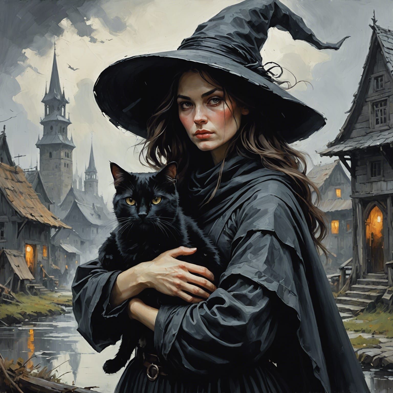 Whimsical Witch and Familiar as Impasto Painting