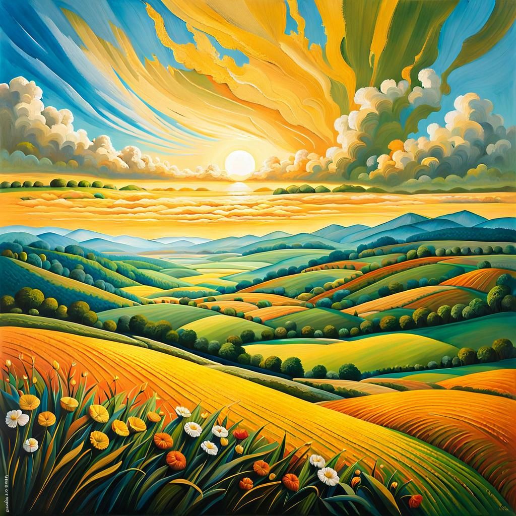 Vibrant Gouache Painting of a Surreal Landscape