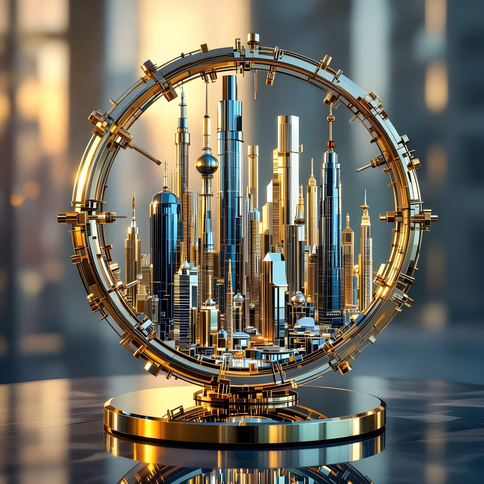 Intricate Metal Sculpture with Cityscape Effect