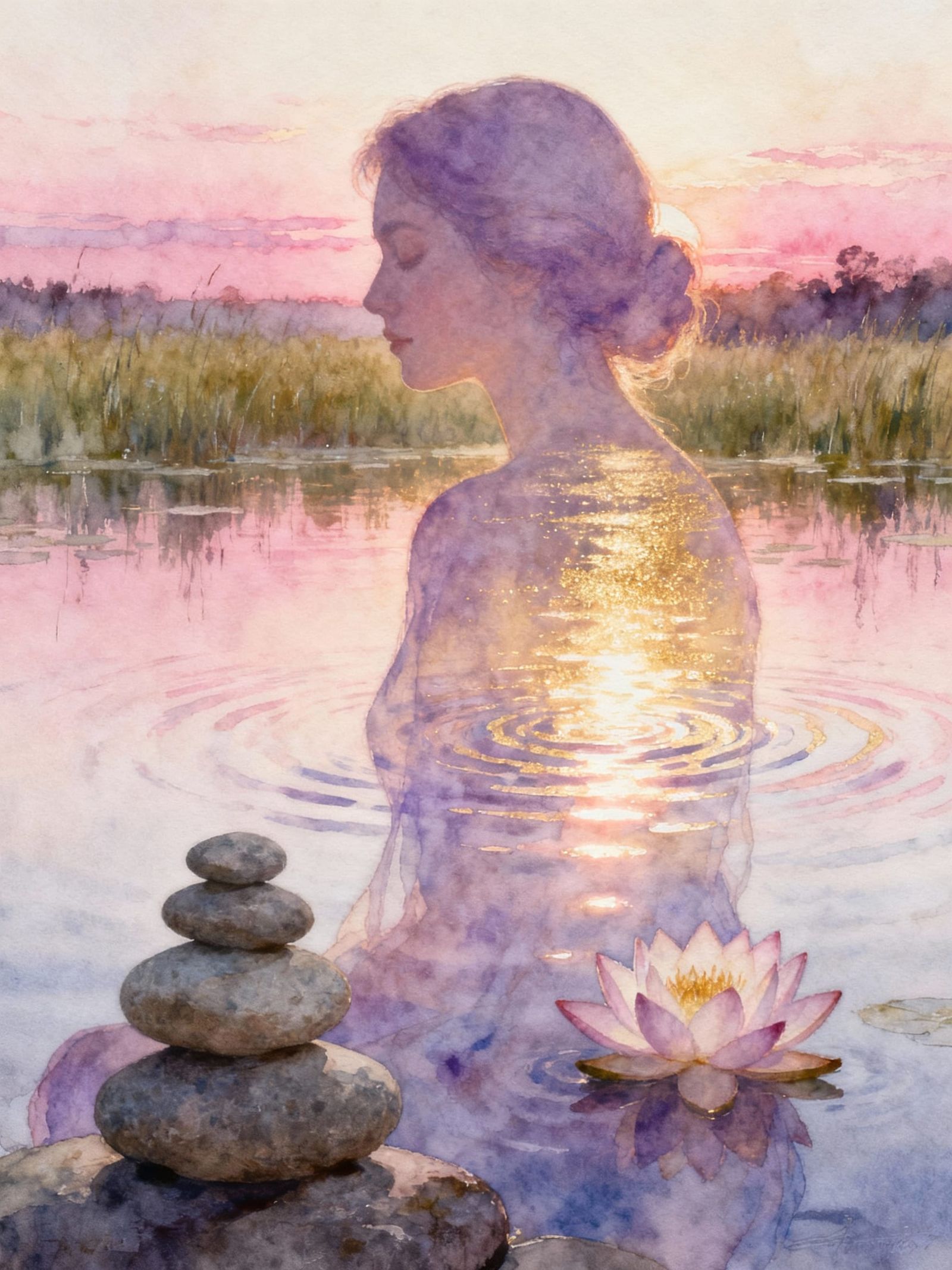 Watercolor Double Exposure Portrait: Woman Merged with Sunse...