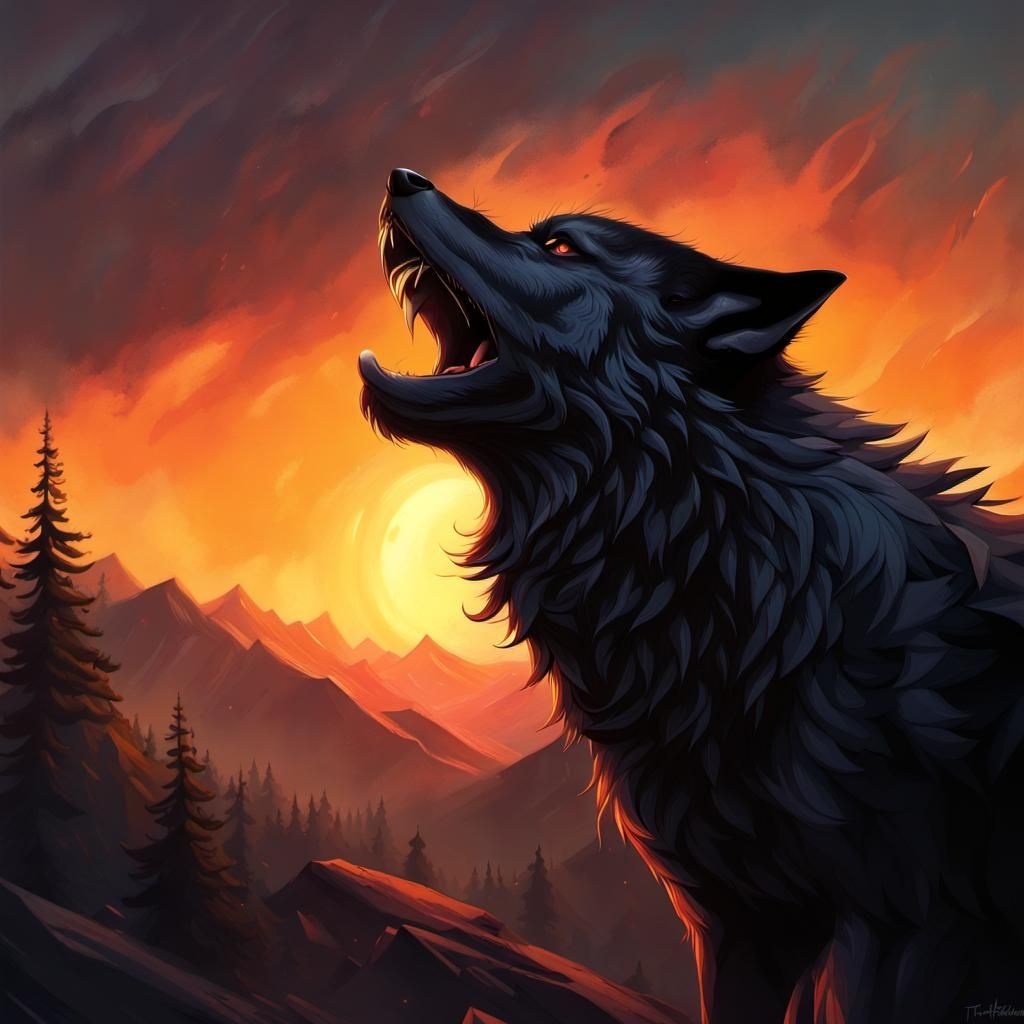A ravenous black wolf howling at the sunset