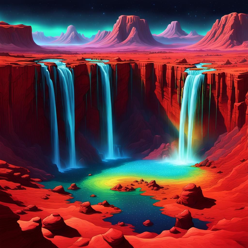 Surreal Alien Planet with Rainbow Waterfalls