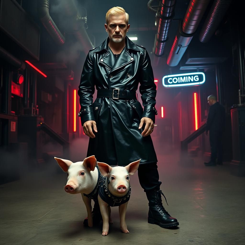 Goth Industrial Man and Pig in Underground Club