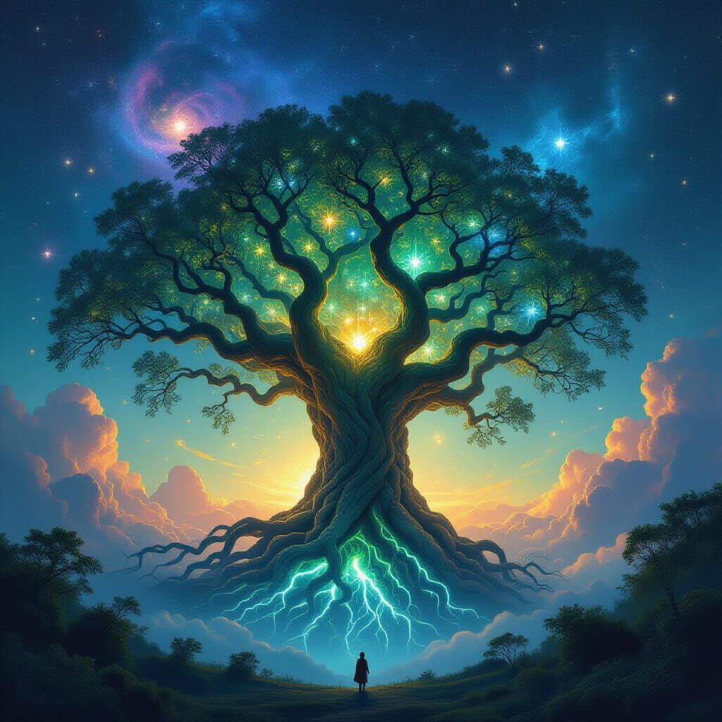 Colossal Bioluminescent Tree in Cosmic Nebula