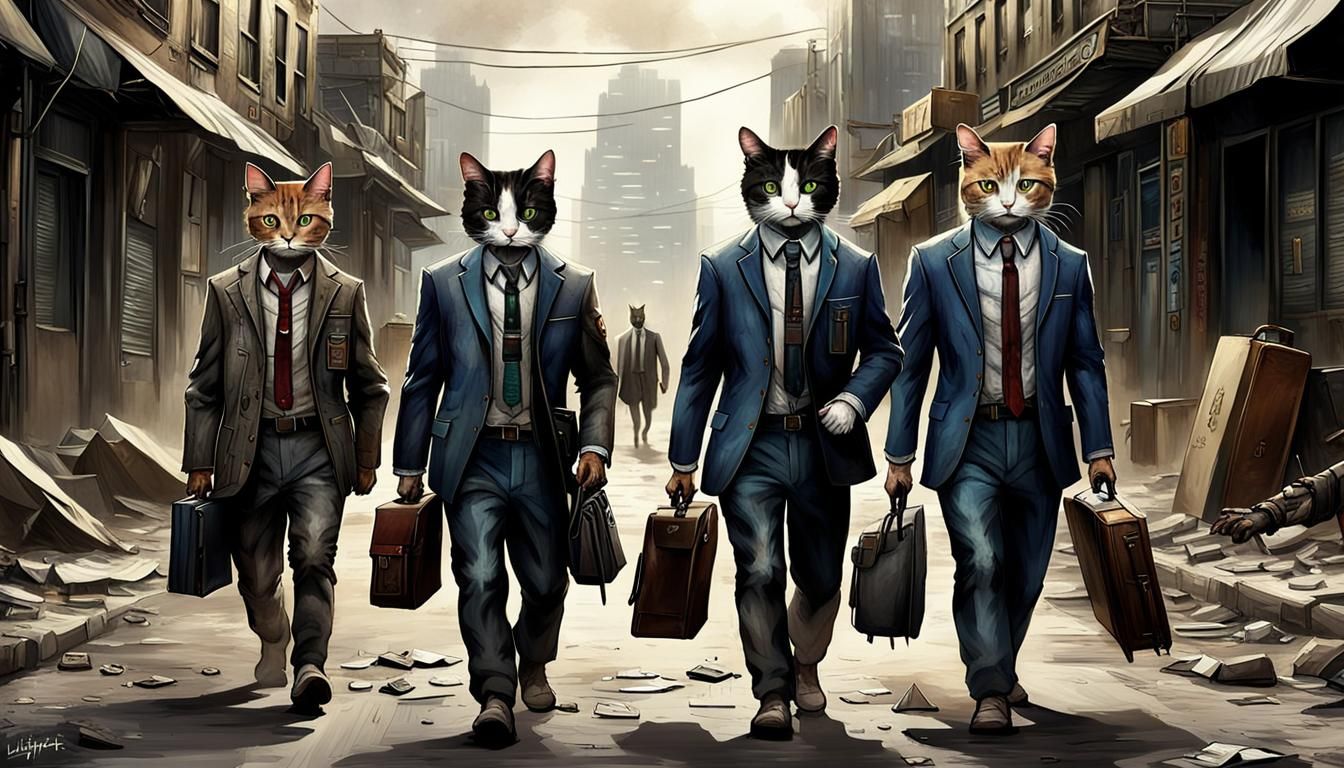 Cats in Business Suits Striding Through Post-Apocalyptic Cit...