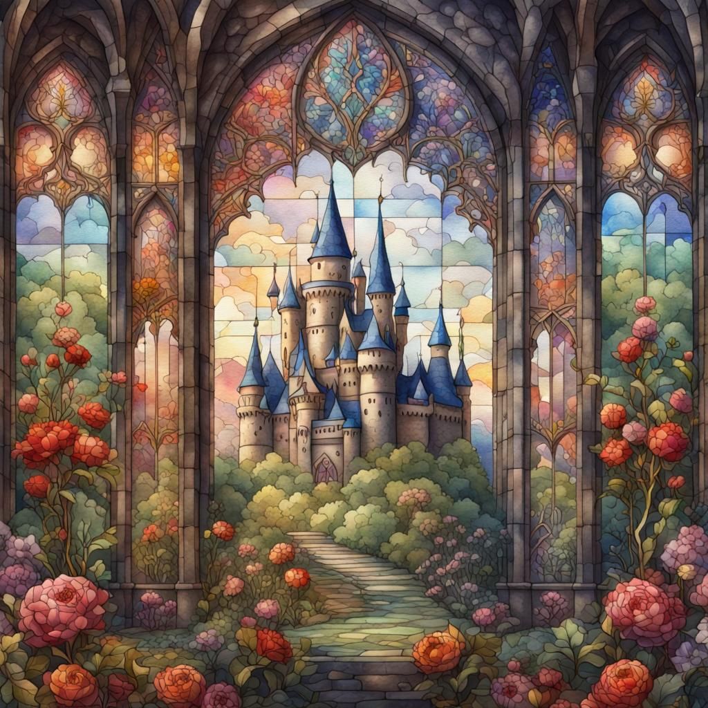 Colorful Stained Glass Castle Watercolor Painting