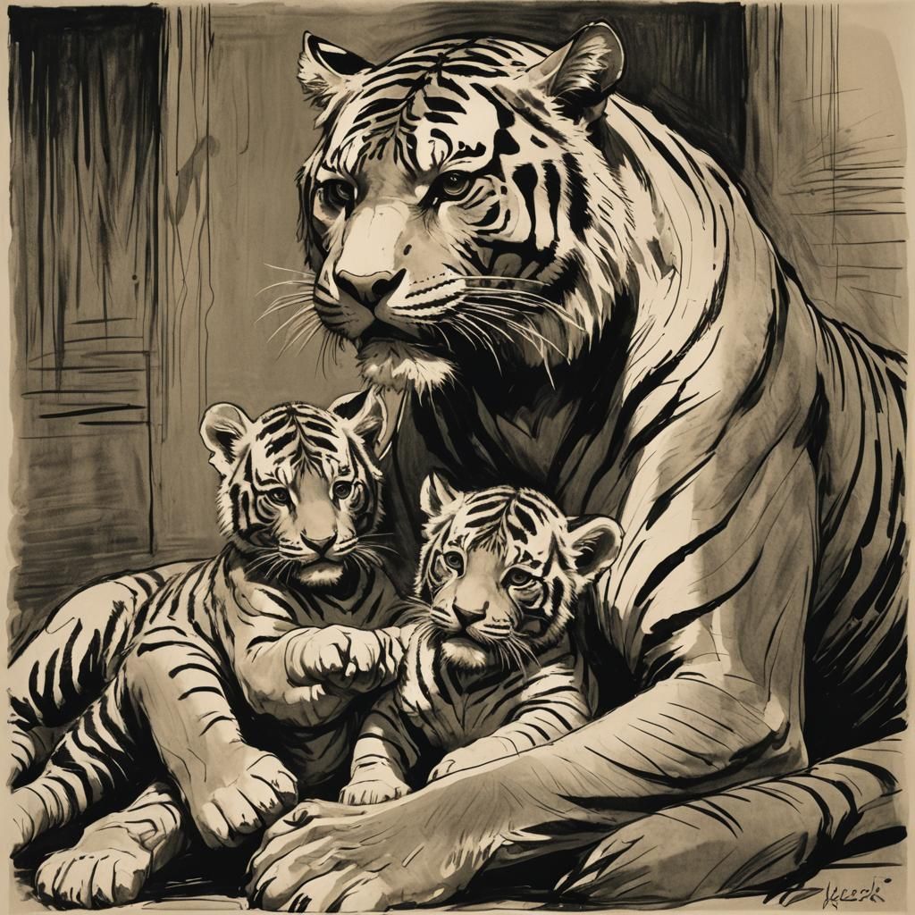 Expressionist Mother and Baby Tiger Comic