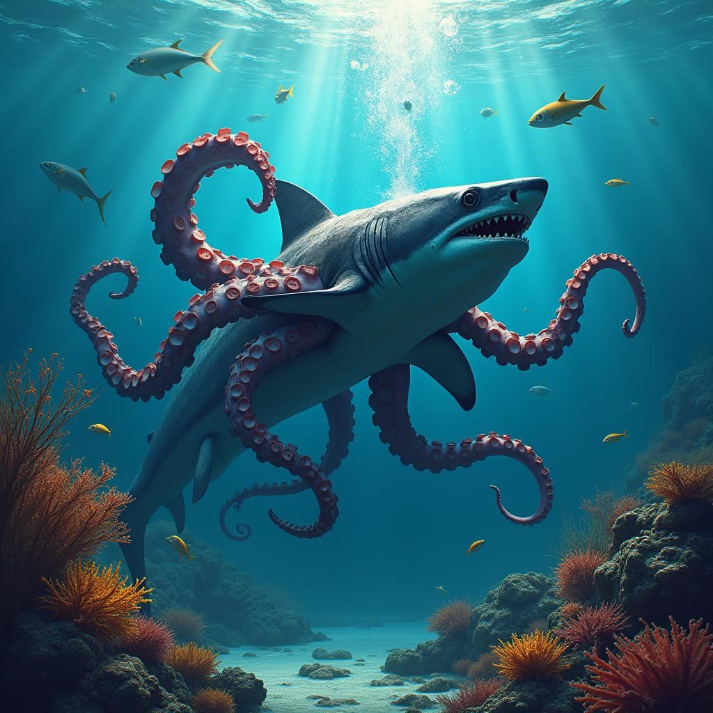 Epic Underwater Battle: Octopus vs Shark in 8k Unreal Engine