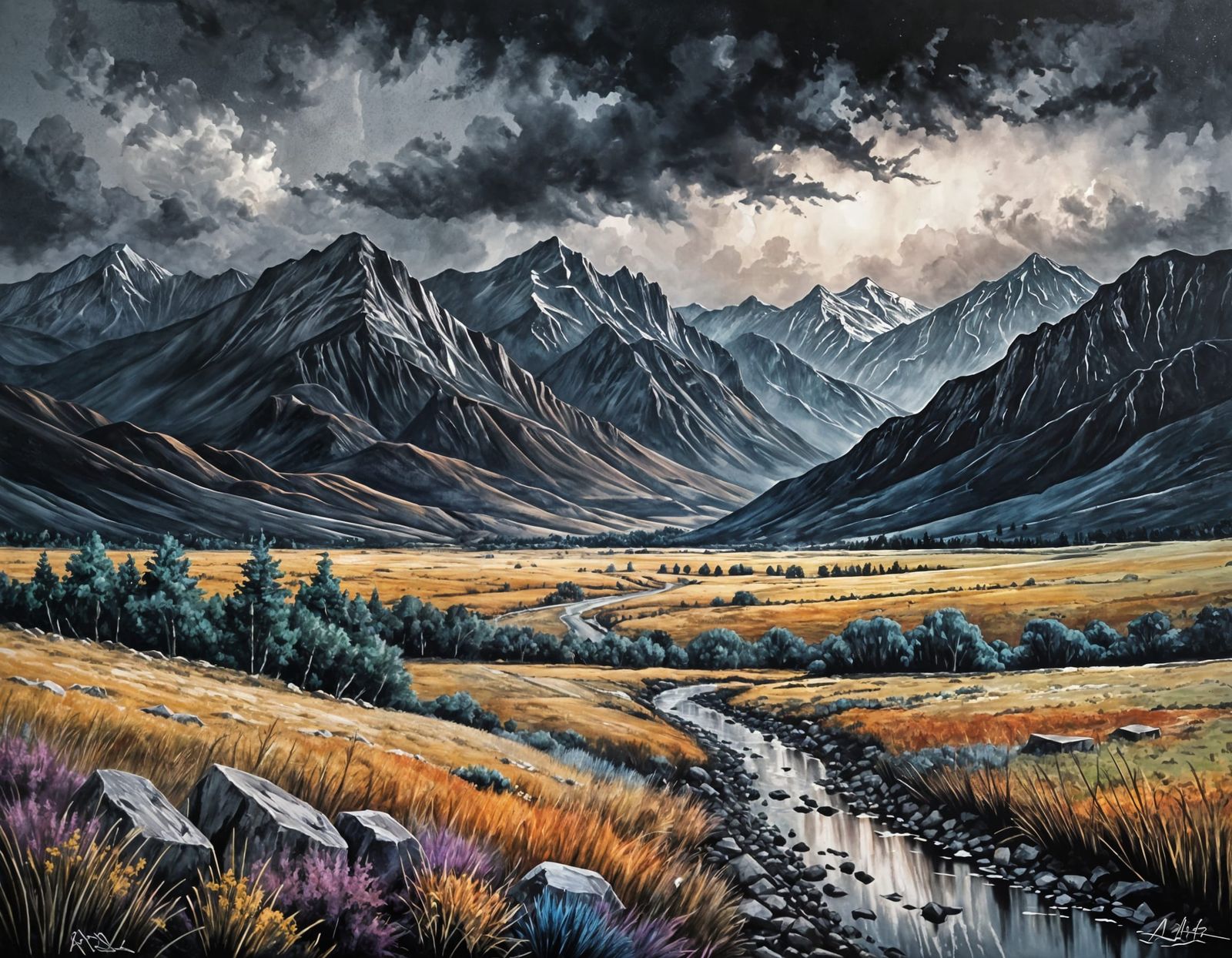 Vibrant Pastel Mountain Landscape with Moody Sky