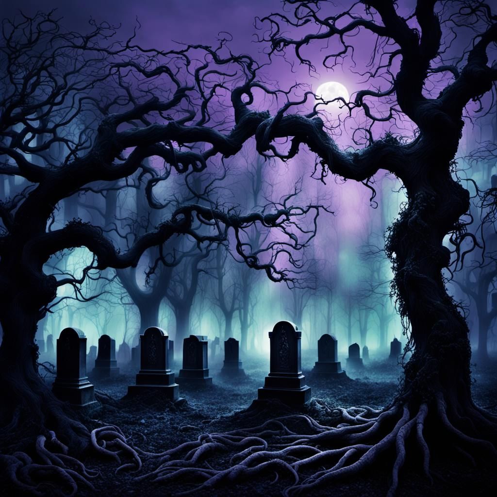 Dark Surrealist Tree in Graveyard Scene