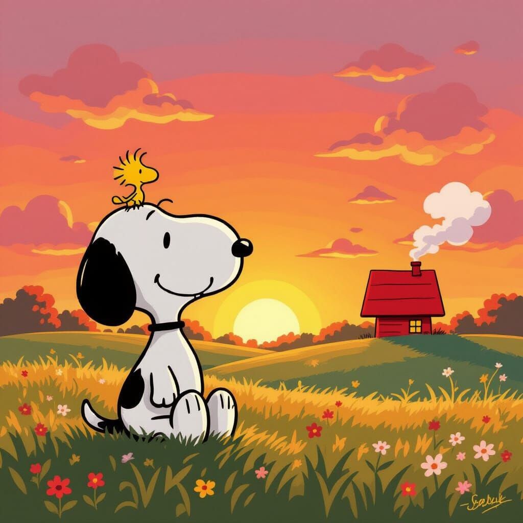 Snoopy and Woodstock at Sunset in Cartoon Style