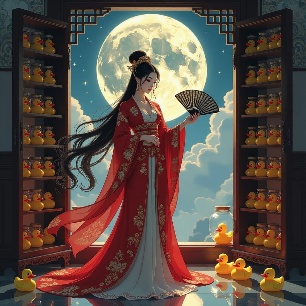 Moon Goddess with Rubber Ducks in Ethereal Digital Painting