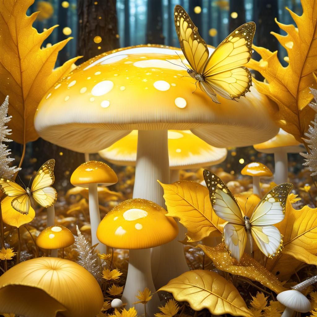 Yellow Toadstools & butterflies