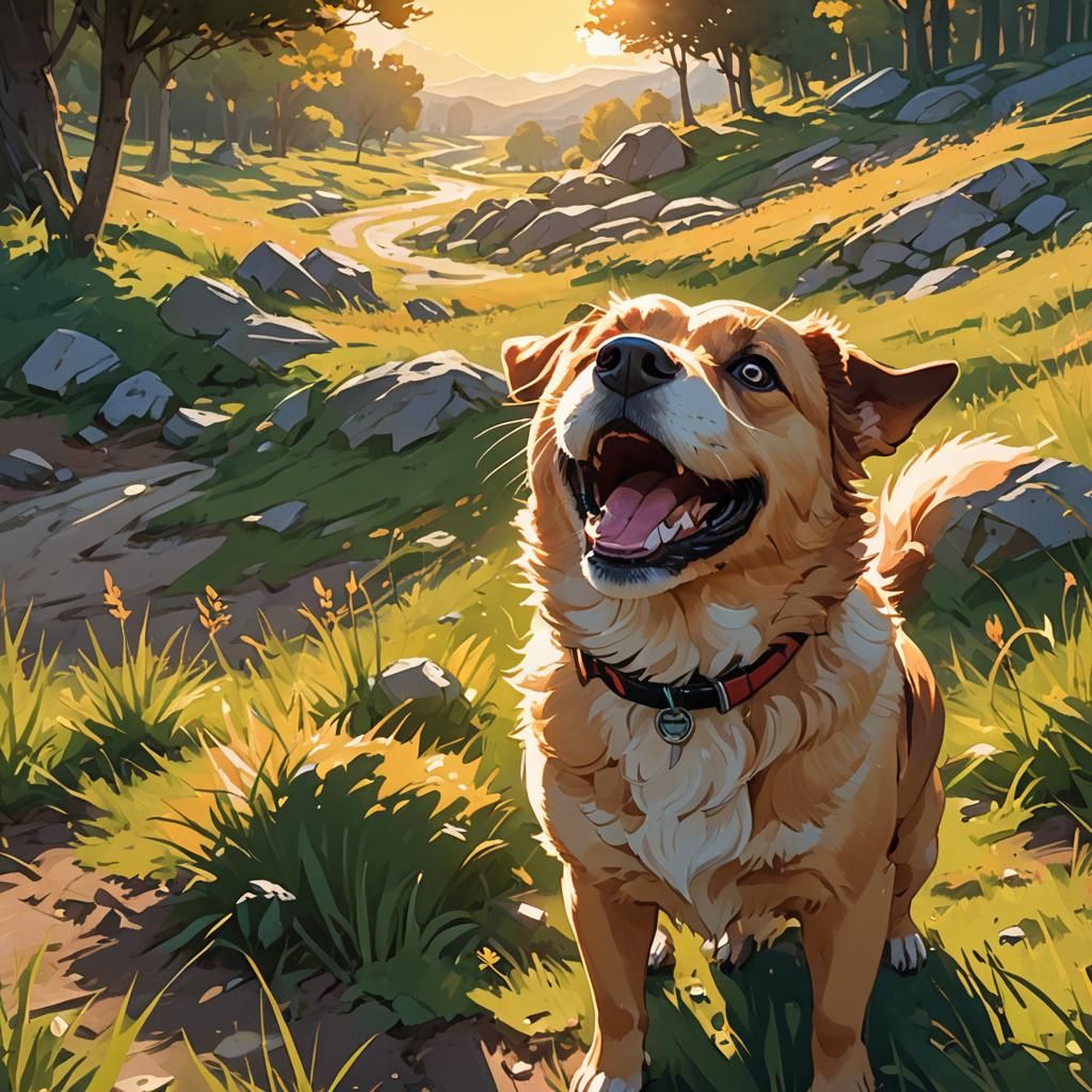 Anime Dog Gazing at Sun in Comic Book Style
