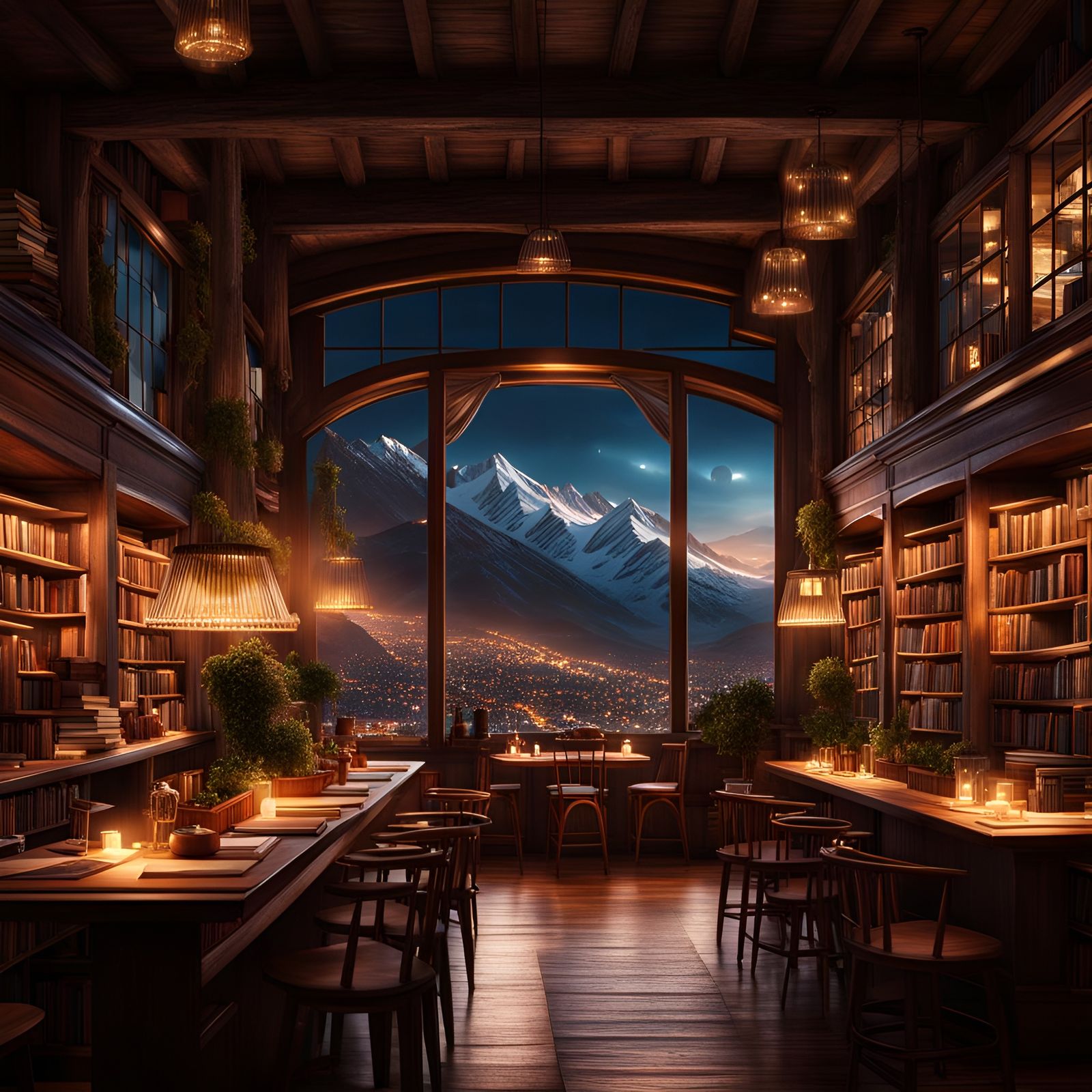 Rustic Cafe with Mountain View at Night