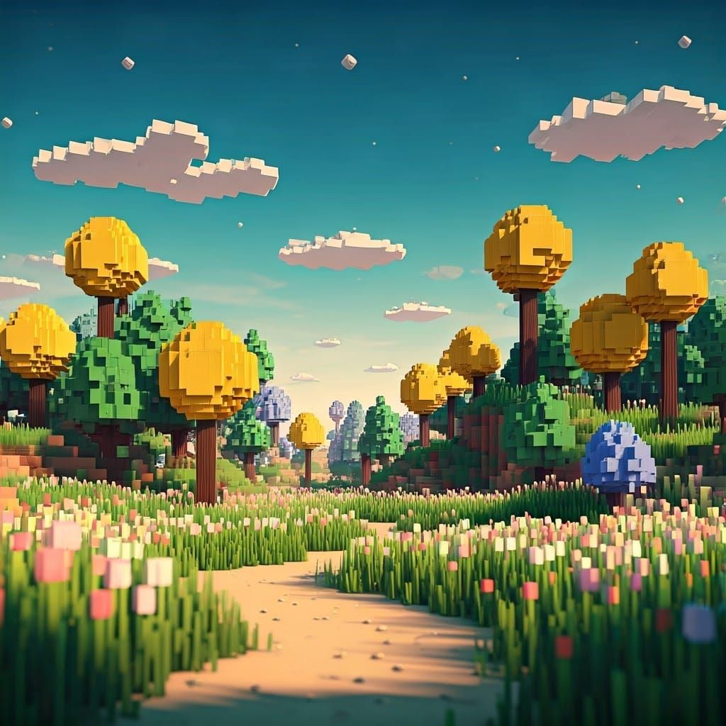 minecraft-inspired spring easter surreal landscape