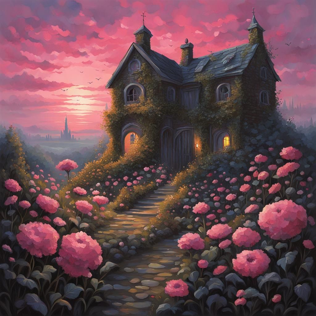 Secret Flower Garden with Pink Sky, Fantasy Art