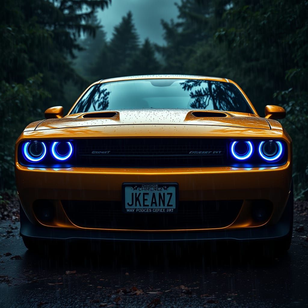 Gold Dodge Challenger SRT in Rainy Forest