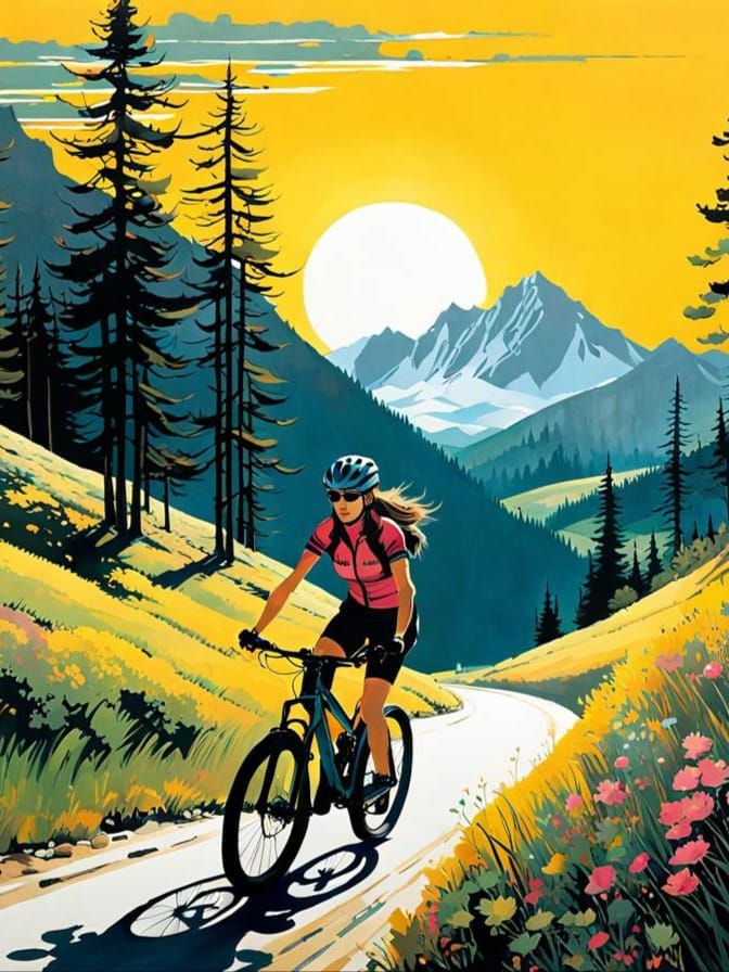 Female Mountain Biker in Summer: Detailed Illustration