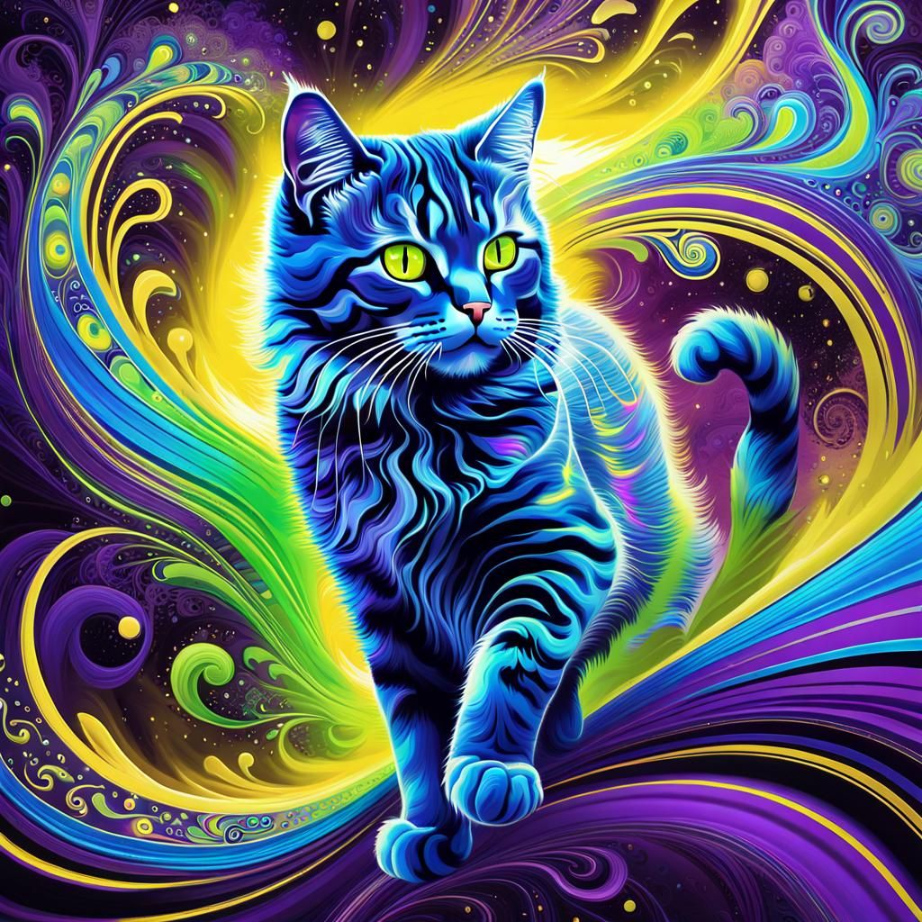 Electric Blue Cat in Psychedelic Dreamscape