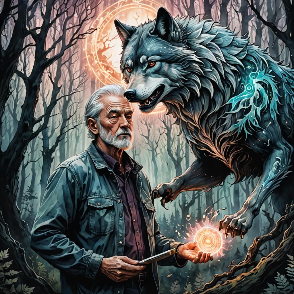 A wolf made of a magnetic field attacking an old man with a copy in Duality of a dark forest