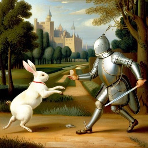 Cowardly Knight Fleeing Fluffy White Bunny