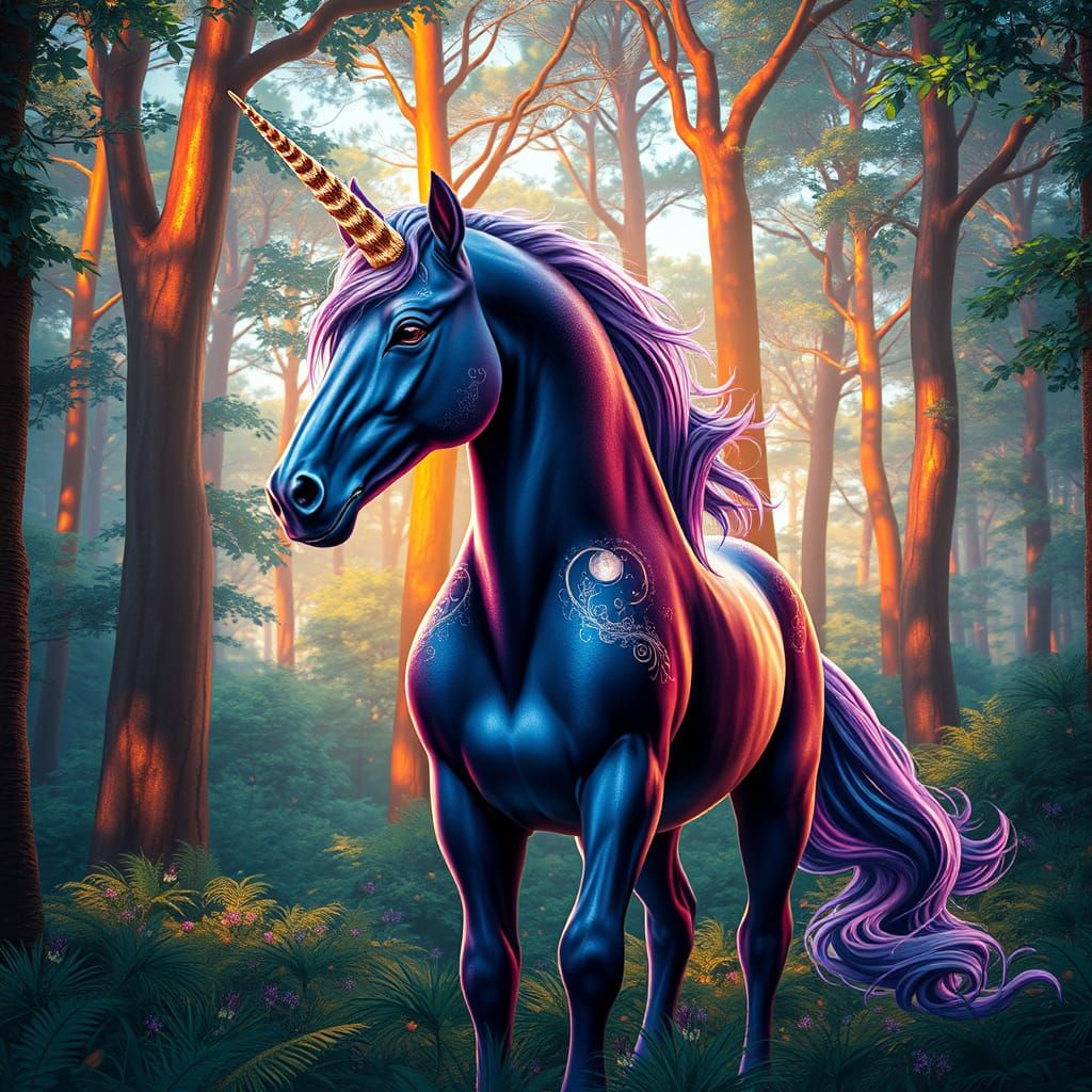 Regal Unicorn in Vibrant Forest Landscape