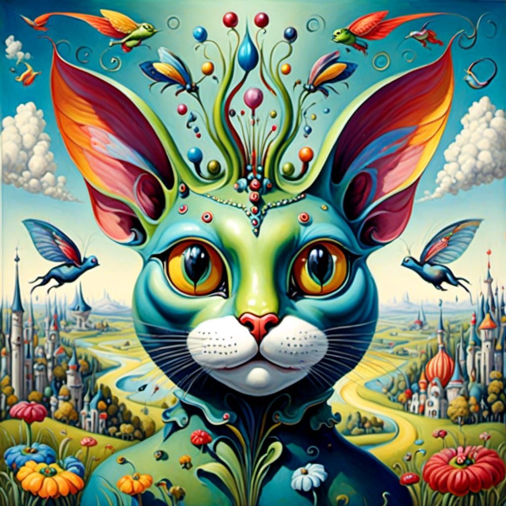 Surreal Creature with Cat Head and Hummingbird Wings