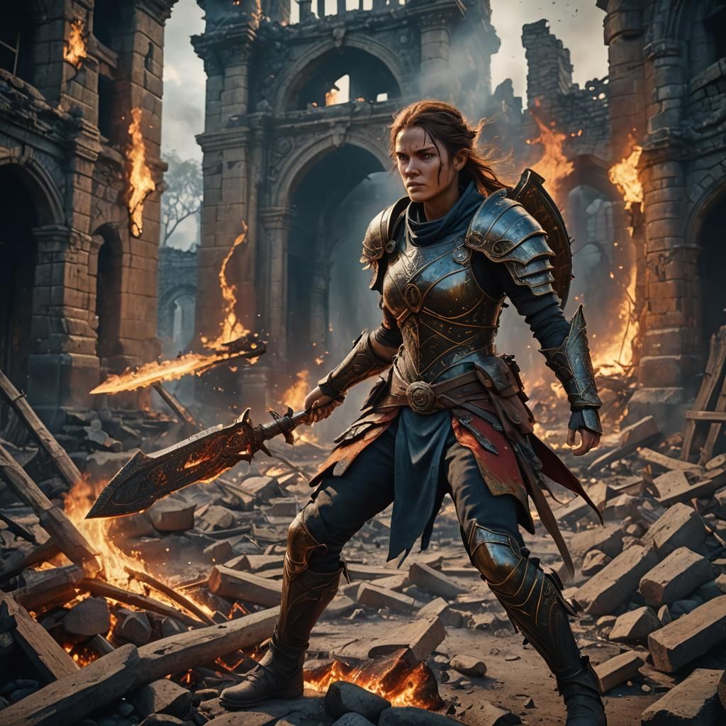 Warrior Woman Fighting Fire in a Detailed Matte Painting
