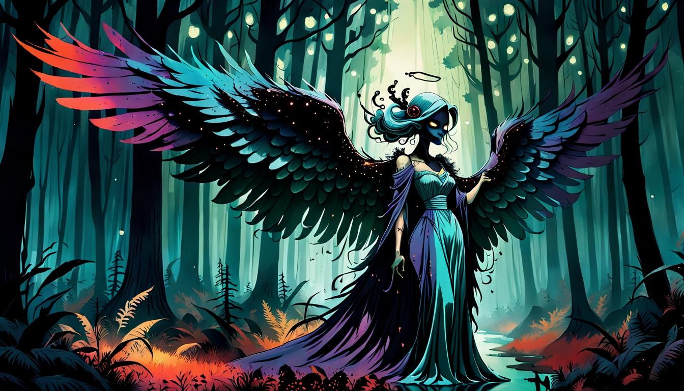 Double Exposure: AI Mother Angel in Luminous Forest