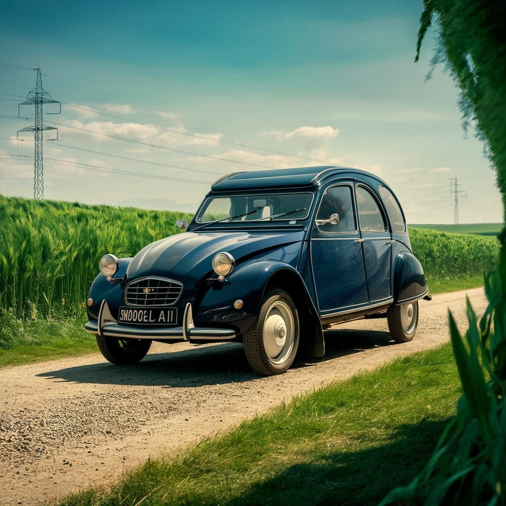 Vintage Photo of Dark Blue Car on Gravel Path