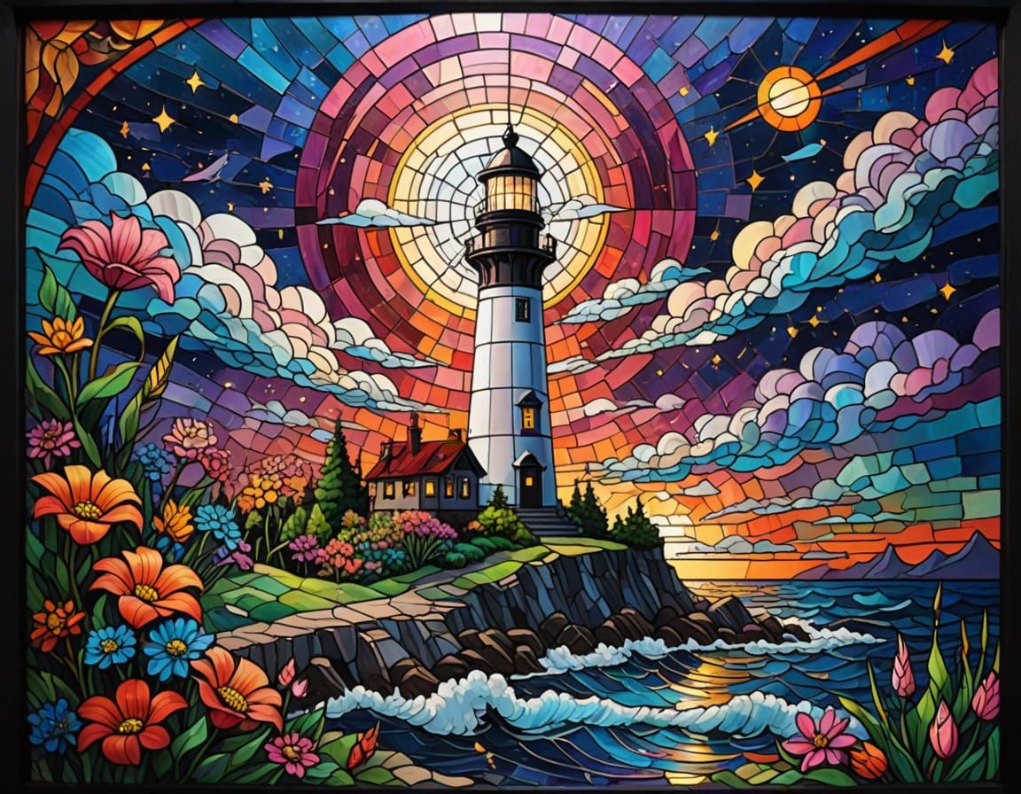 Magical Stained Glass Lighthouse in Cosmic Night