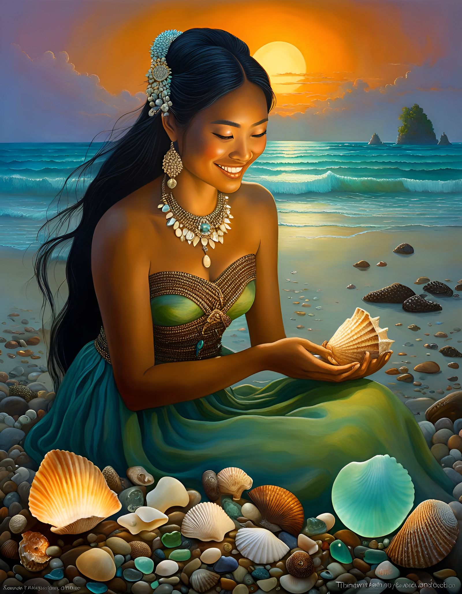 Dreamlike Cambodian Girl Finds Seashells: Romanticism Style