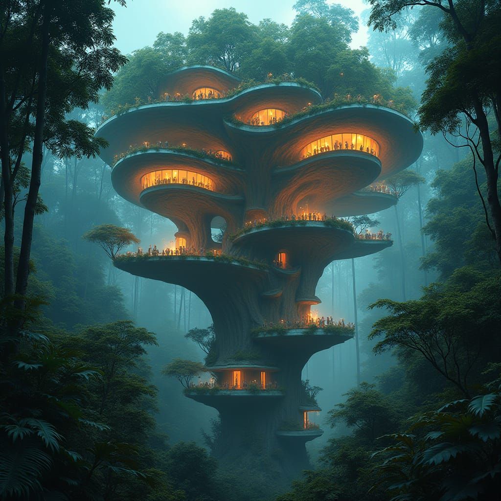 Surreal Futuristic Treehouse in Parametric Concrete Style