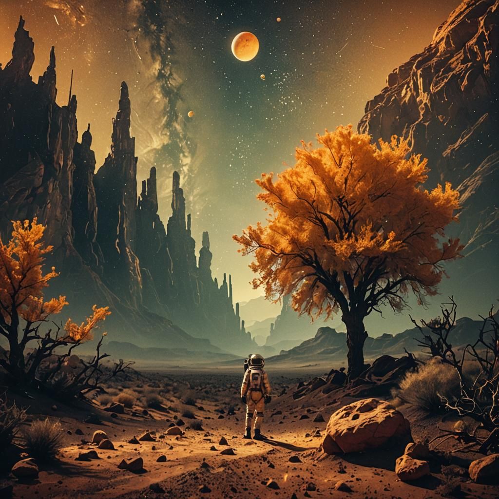 Astronaut on Barren Planet in Film Noir Style