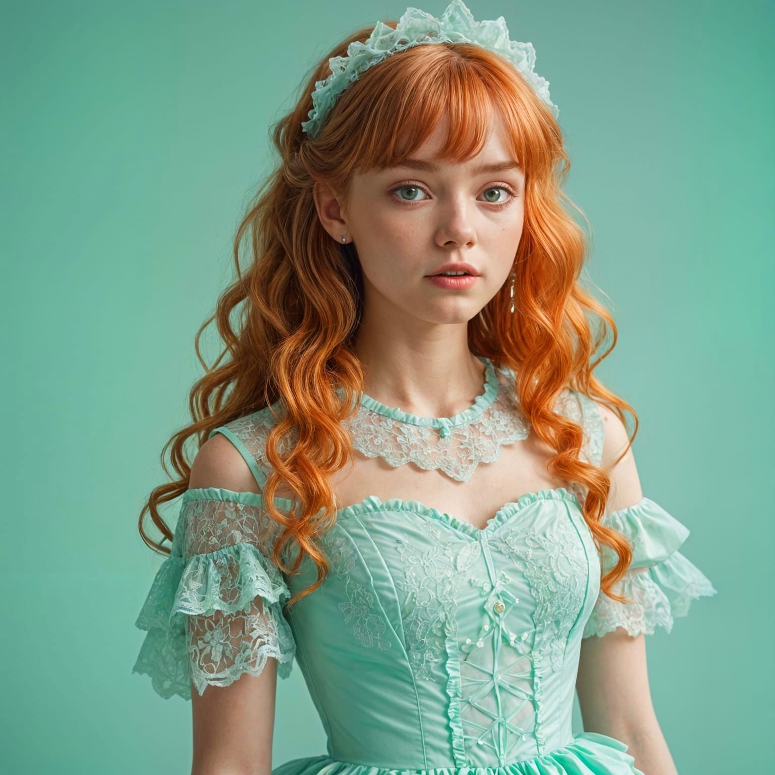 Pastel Princess in Mint Latex Gown with Lace Detailing