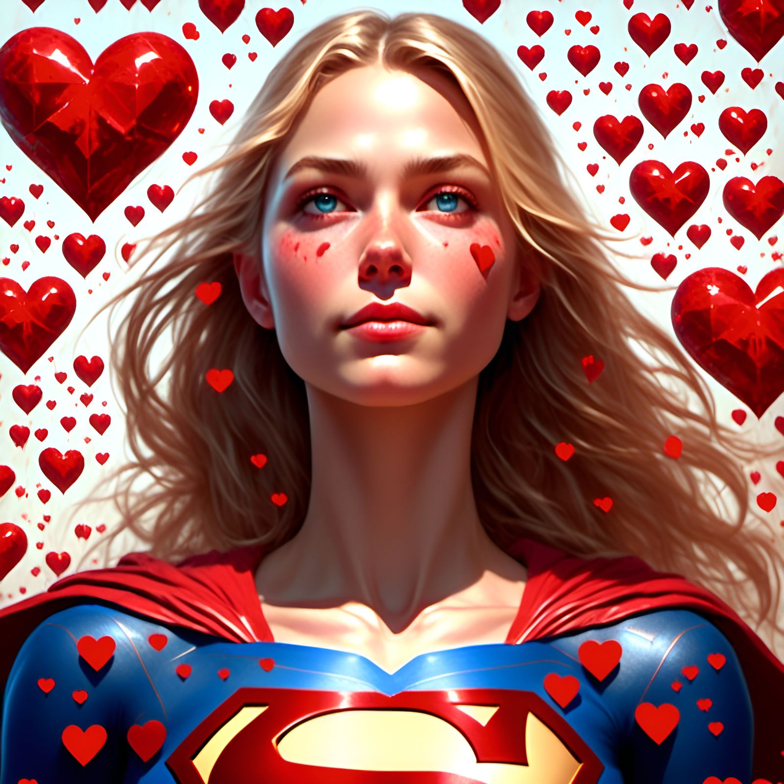 Supergirl Portrait with Hearts in Detailed Digital Art