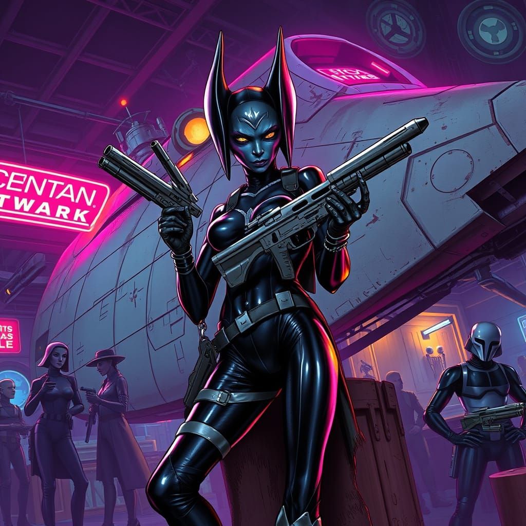 Twi'lek Bounty Hunter in Neon Cantina, Cinematic Style