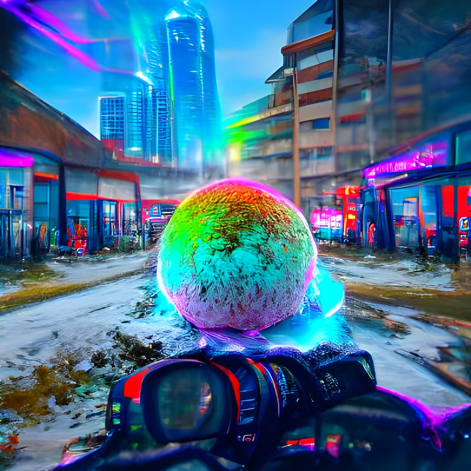 Vibrant Rainbow Snowball in a Neon Cyberpunk Metropolis
