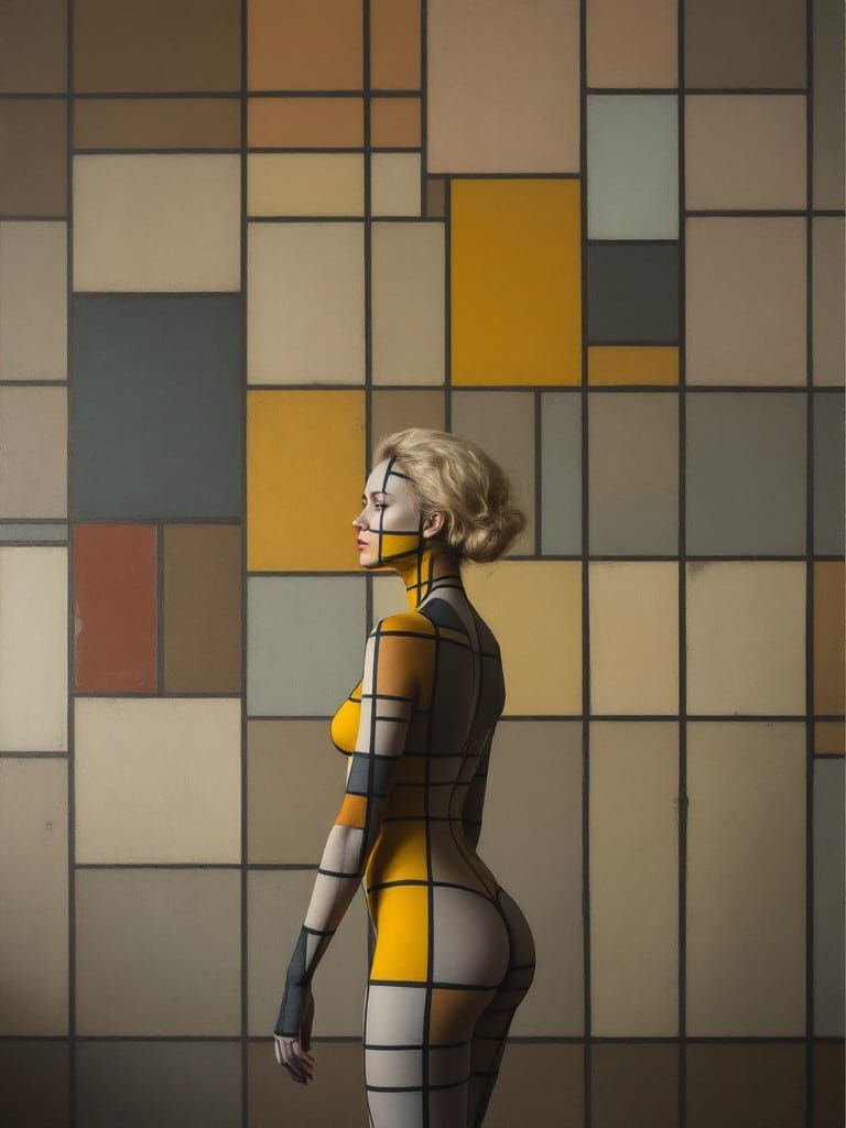 Woman Merges With Geometric Wall Art in Hyperrealistic Style